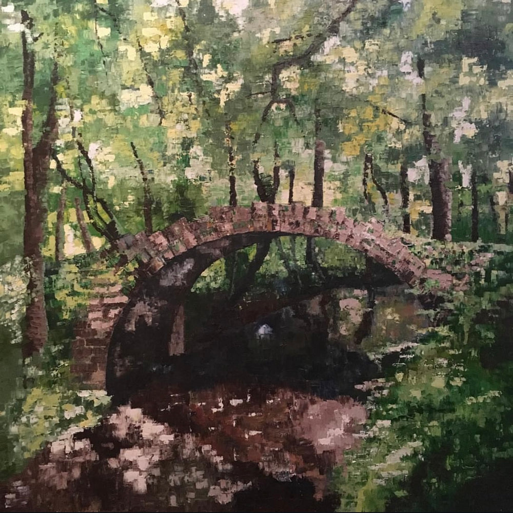 Oil painting of a stone bridge over a stream in a wood in Harrogate, North Yorkshire, UK.